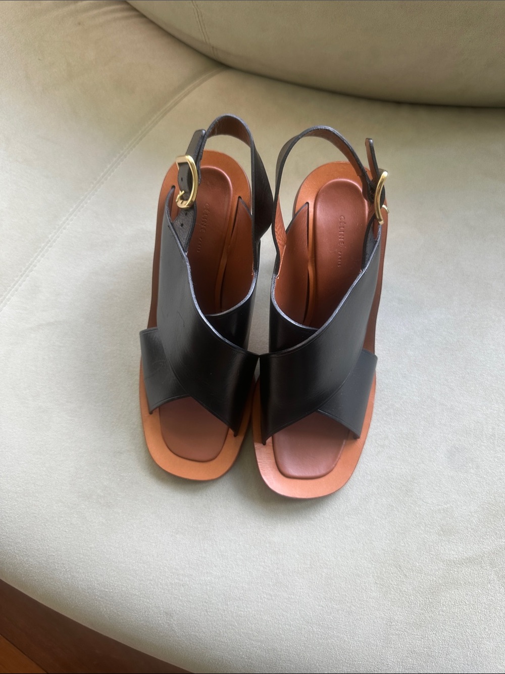Celine Black Leather Slingback Heels with Brown Footbed